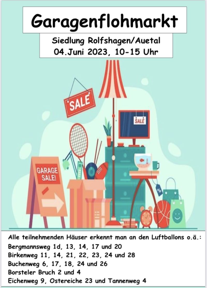 1.Garagenflohmarkt Siedlung Rolfshagen, 31749 Auetal4. Juni, von 10-15 Uhr